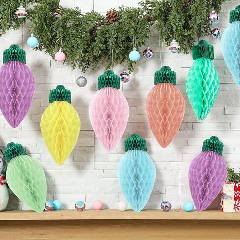 12 Pcs 12'' Jumbo Christmas Lights Honeycomb Hanging Decorations Large 3D Light Bulb Shaped Xmas Assorted Colors Honeycomb Ornament for Christmas Classroom Decorations in Saudi Arabia