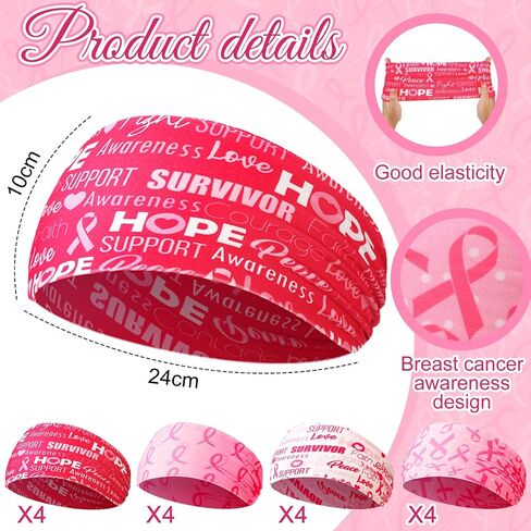 Janinka 16 Pcs Breast Cancer Awareness Headbands for Women Pink Ribbon Stretchy Headbands Hope Faith Sweat Wicking Elastic Wide Hair Wrap for Yoga Running Exercise Sports Workout Hairbands in Saudi Arabia