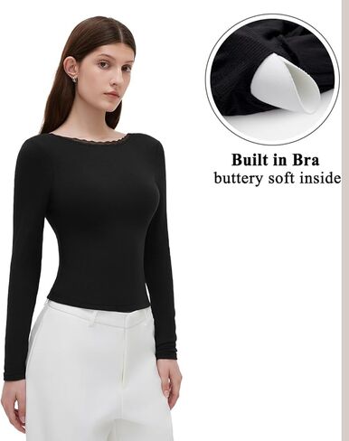 OMKAGI Backless Going Out Tops for Women Fitted Long Sleeve Double Layer Lace Shirts in Kuwait