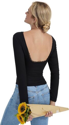 OMKAGI Backless Going Out Tops for Women Fitted Long Sleeve Double Layer Lace Shirts in Kuwait