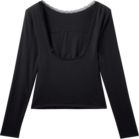 OMKAGI Backless Going Out Tops for Women Fitted Long Sleeve Double Layer Lace Shirts in Kuwait