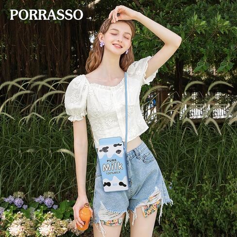 PORRASSO حقيبة كروسبودي الحليب الكرتون الإبداعية حقيبة كتف بولي PU حقيبة يد المرأة حقيبة مع حزام قابل للتعديل للسفر المواعدة الاستخدام اليومي الأزرق in Kuwait