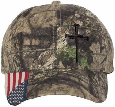Christian Cross Baseball Cap, Religious 3 Nail Design, Mossy CAMO HAT with Black Cross Jesus Christian Hat Choices mesh Back or USA Flag Brim Adjustable Hat and Free Decal. in Saudi Arabia