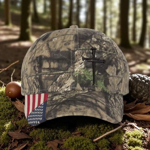 Christian Cross Baseball Cap, Religious 3 Nail Design, Mossy CAMO HAT with Black Cross Jesus Christian Hat Choices mesh Back or USA Flag Brim Adjustable Hat and Free Decal. in Saudi Arabia