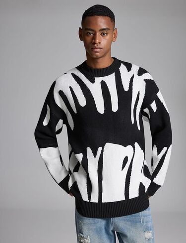 Yimoon Mens Oversized Sweaters Y2K Aesthetic Flame Graphic Crewneck Sweatershirts Knitted Casual Pullover Jumpers in Kuwait