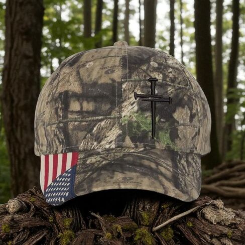 Christian Cross Baseball Cap, Religious 3 Nail Design, Mossy CAMO HAT with Black Cross Jesus Christian Hat Choices mesh Back or USA Flag Brim Adjustable Hat and Free Decal. in Saudi Arabia
