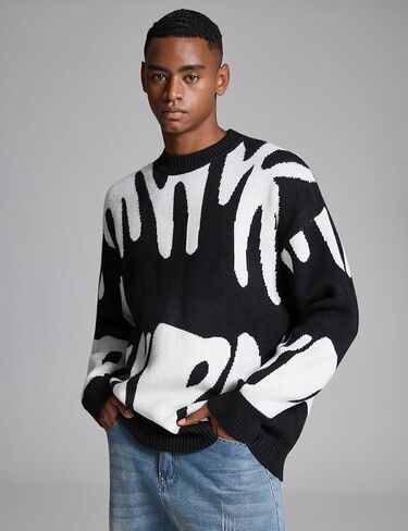 Yimoon Mens Oversized Sweaters Y2K Aesthetic Flame Graphic Crewneck Sweatershirts Knitted Casual Pullover Jumpers in Kuwait