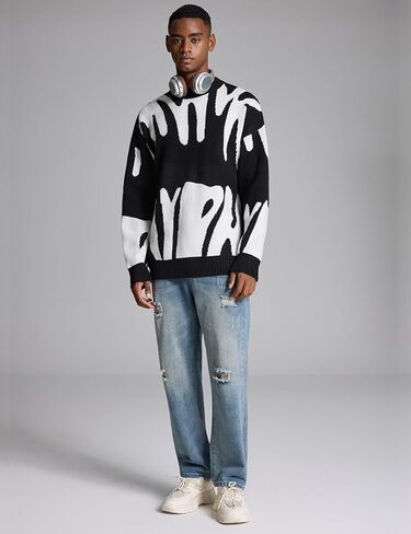 Yimoon Mens Oversized Sweaters Y2K Aesthetic Flame Graphic Crewneck Sweatershirts Knitted Casual Pullover Jumpers in Kuwait