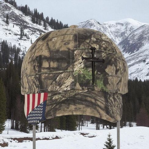 Christian Cross Baseball Cap, Religious 3 Nail Design, Mossy CAMO HAT with Black Cross Jesus Christian Hat Choices mesh Back or USA Flag Brim Adjustable Hat and Free Decal. in Saudi Arabia