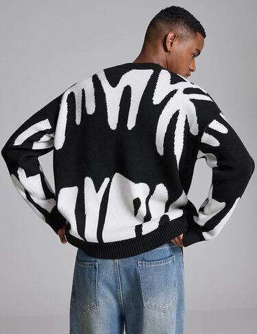 Yimoon Mens Oversized Sweaters Y2K Aesthetic Flame Graphic Crewneck Sweatershirts Knitted Casual Pullover Jumpers in Kuwait