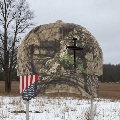 Christian Cross Baseball Cap, Religious 3 Nail Design, Mossy CAMO HAT with Black Cross Jesus Christian Hat Choices mesh Back or USA Flag Brim Adjustable Hat and Free Decal. in Saudi Arabia