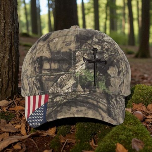 Christian Cross Baseball Cap, Religious 3 Nail Design, Mossy CAMO HAT with Black Cross Jesus Christian Hat Choices mesh Back or USA Flag Brim Adjustable Hat and Free Decal. in Saudi Arabia