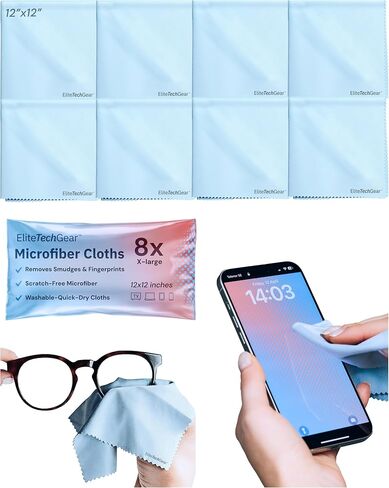 Elite Tech Gear Microfiber Cloth - 8-Pack, 12" x 12" Oversized Cleaning Cloths. Washable and Durable Microfiber Cleaning Cloth for Glasses, Lenses, Electronics and Screens. High Tech Quality Material in Kuwait