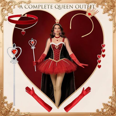 5 Pcs Halloween Queen Costume Set for Women, Party Accessories with Crown, Scepter, Gloves(Red), Earrings & Necklace, Gothic Fantasy Cosplay Dress Up in Saudi Arabia