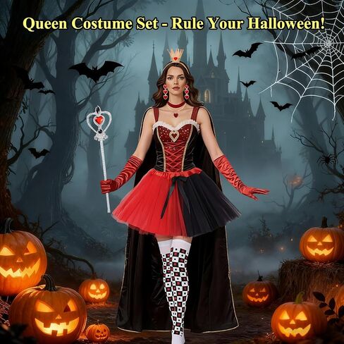 5 Pcs Halloween Queen Costume Set for Women, Party Accessories with Crown, Scepter, Gloves(Red), Earrings & Necklace, Gothic Fantasy Cosplay Dress Up in Saudi Arabia