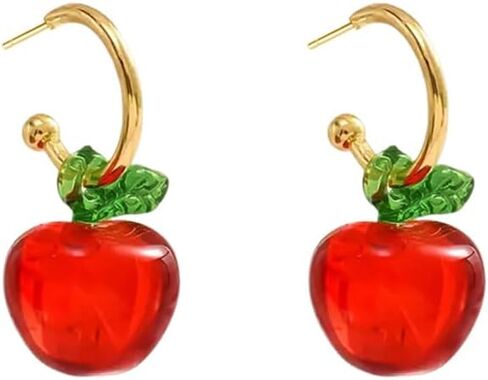 3D Red Apple Resin Dangle Drop Half Hoop Earrings for Women Cute Green Leaf Fruit Charm Statement Dangling Lightweight Fashion Trendy Jewelry for Teacher Bff Birthday in Saudi Arabia