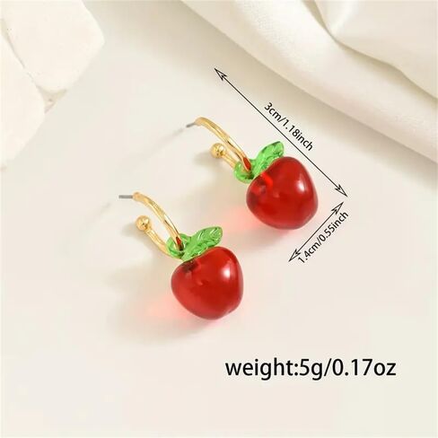 3D Red Apple Resin Dangle Drop Half Hoop Earrings for Women Cute Green Leaf Fruit Charm Statement Dangling Lightweight Fashion Trendy Jewelry for Teacher Bff Birthday in Saudi Arabia