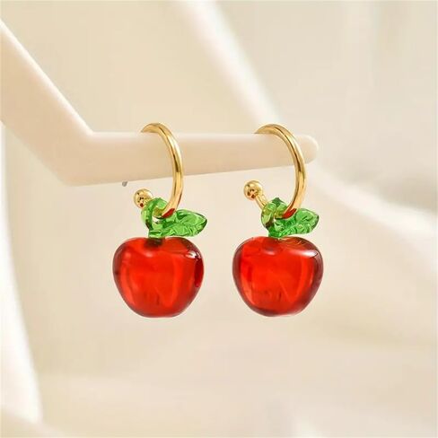 3D Red Apple Resin Dangle Drop Half Hoop Earrings for Women Cute Green Leaf Fruit Charm Statement Dangling Lightweight Fashion Trendy Jewelry for Teacher Bff Birthday in Saudi Arabia