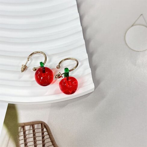 3D Red Apple Resin Dangle Drop Half Hoop Earrings for Women Cute Green Leaf Fruit Charm Statement Dangling Lightweight Fashion Trendy Jewelry for Teacher Bff Birthday in Saudi Arabia