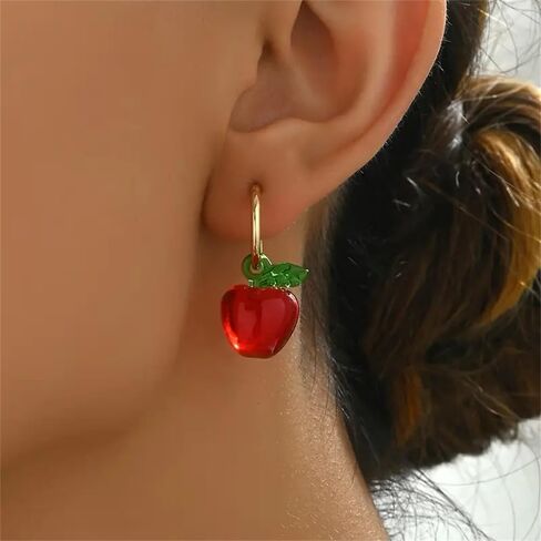 3D Red Apple Resin Dangle Drop Half Hoop Earrings for Women Cute Green Leaf Fruit Charm Statement Dangling Lightweight Fashion Trendy Jewelry for Teacher Bff Birthday in Saudi Arabia