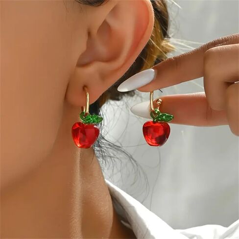 3D Red Apple Resin Dangle Drop Half Hoop Earrings for Women Cute Green Leaf Fruit Charm Statement Dangling Lightweight Fashion Trendy Jewelry for Teacher Bff Birthday in Saudi Arabia