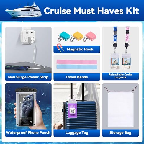 Cruise Essentials 2025، مجموعة أدوات الرحلات البحرية الضرورية مع شريط طاقة غير متدفق، وأحبال كروز قابلة للسحب، وحقيبة هاتف مقاومة للماء، وخطاف مغناطيسي، وبطاقة الأمتعة، وأشرطة المناشف، وحقيبة تخزين in Saudi Arabia