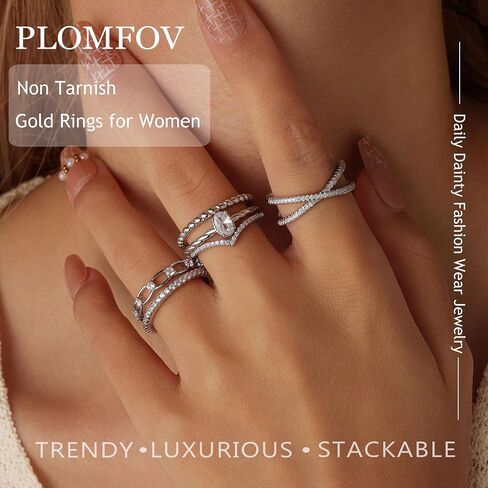 PLOMFOV خواتم ذهبية قابلة للتكديس للنساء غير مشوهة 14K مطلية بالذهب/الفضة التراص أنيق الإبهام مكعب زركونيا خاتم كومة مجموعة حزمة بيان وعد فرق الزفاف خواتم الخطبة للنساء حجم 5-10 in Kuwait