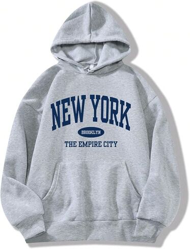 سويت شيرت Avanova نسائي بغطاء للرأس برسوم جرافيك نيويورك وأكمام طويلة برباط كبير مع جيب كانجارو in Kuwait