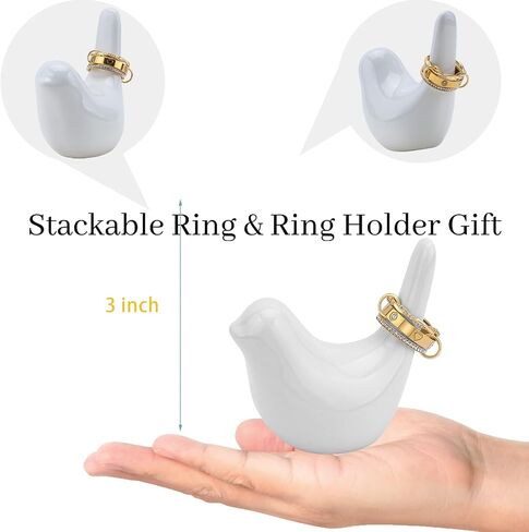 YU8 Gold Stackable Rings for Women with Bird Ring Holder for Jewelry, Gold Multi Ring Interlocking Stack Rings Set Non Tarnish, Holder and Trinket Tray Gifts (White Bird+Gold Stack Band, 8) in Saudi Arabia