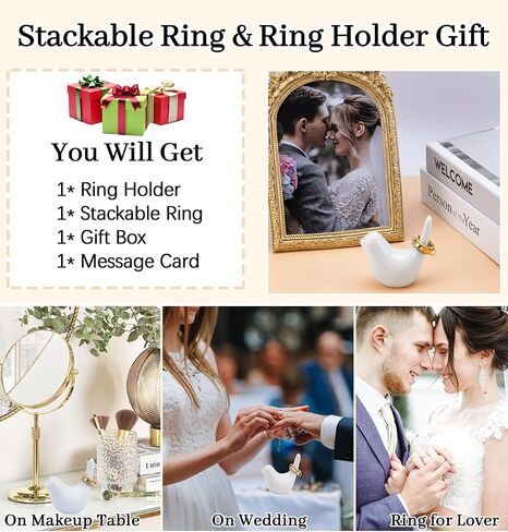 YU8 Gold Stackable Rings for Women with Bird Ring Holder for Jewelry, Gold Multi Ring Interlocking Stack Rings Set Non Tarnish, Holder and Trinket Tray Gifts (White Bird+Gold Stack Band, 8) in Saudi Arabia