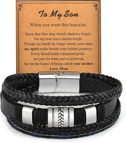 Fahonie Men's Multi-Layer Braided Leather Bracelet Stainless Steel Cool Hip Hop Jewelry for Male Coworkers Ideal Gift for Dad, Brother,Son with Elegant Packaging 8inch/21cm in Kuwait