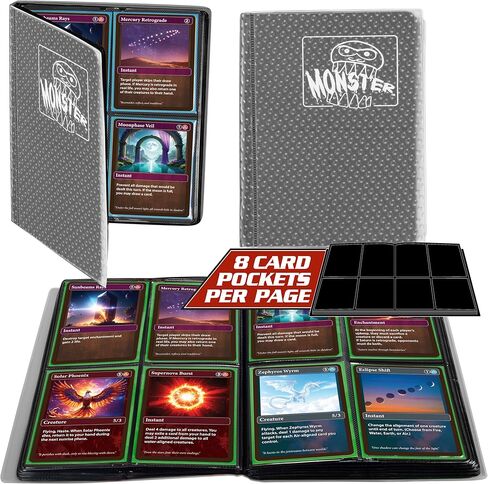 Monster 4 Pocket Trading Card Album- 20 Side Loading, Theft Deterrent, Padded Pages for Extra Protection- Deluxe Binder Holds 160 Yugioh, MTG, Magic The Gathering, Pokémon & Sport Cards-Holofoil Clear in Kuwait
