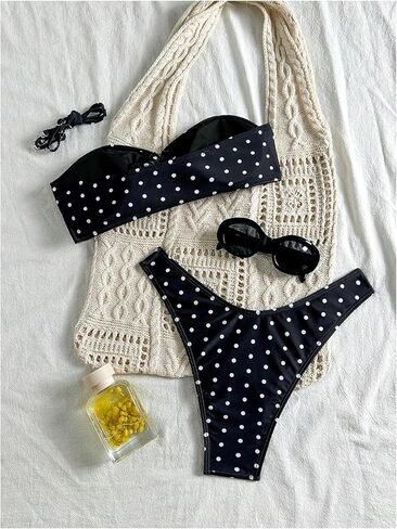 WDIRARA Women's Polka Dots Bandeau Bikini Set Strapless High Cut Swimsuit 2 Piece Bathing Suit in Saudi Arabia