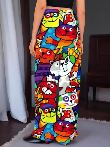 Women Pants Cartoon Animal Print Wide Leg High Waist Elastic Waistband Casual Trousers Relaxed Fit Streetwear Daily Outfits in Saudi Arabia