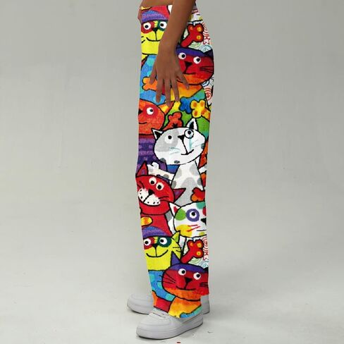 Women Pants Cartoon Animal Print Wide Leg High Waist Elastic Waistband Casual Trousers Relaxed Fit Streetwear Daily Outfits in Saudi Arabia