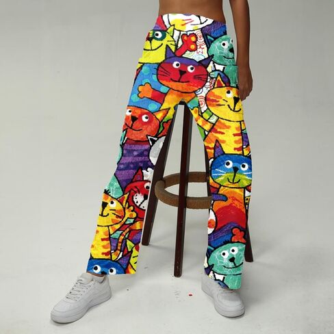 Women Pants Cartoon Animal Print Wide Leg High Waist Elastic Waistband Casual Trousers Relaxed Fit Streetwear Daily Outfits in Saudi Arabia