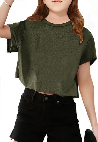 Girls Short Sleeve Crop Tops Kids Fashion Oversized Cute Crew Neck Cropped Athletic T Shirts Trendy Boxy Tee in Kuwait
