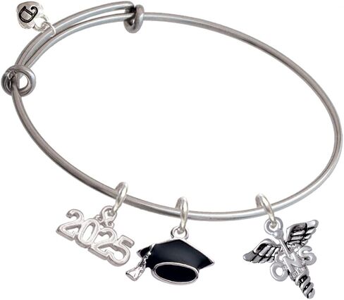Delight Jewelry Silvertone Nurse Caduceus - Silvertone Class of 2025 Graduation Charm Bangle Bracelet in Kuwait