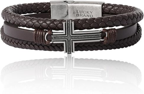 Lucky Brand Textured Cross Triple Row Brown Bracelet for Men 8.5" Antique Silver Flash-Plated, Cross Jewelry in Saudi Arabia