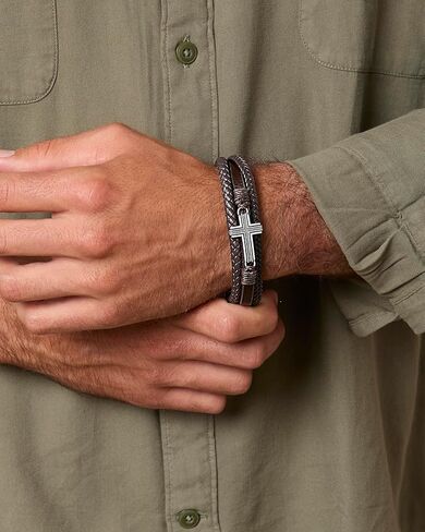 Lucky Brand Textured Cross Triple Row Brown Bracelet for Men 8.5" Antique Silver Flash-Plated, Cross Jewelry in Saudi Arabia