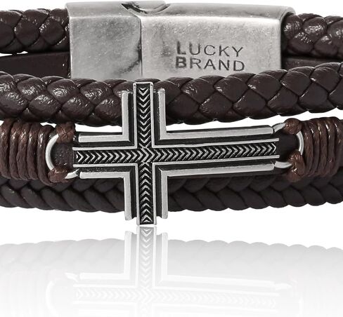 Lucky Brand Textured Cross Triple Row Brown Bracelet for Men 8.5" Antique Silver Flash-Plated, Cross Jewelry in Saudi Arabia