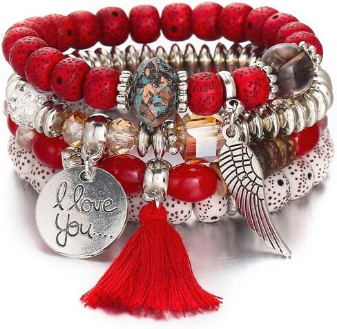 Bohemian Turquoise Bracelet Set - Handmade Multi-Layered Vintage Adjustable Bracelet with Metal Wings & Tassel. in Saudi Arabia