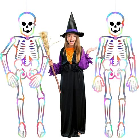 Hiboom 2 Pcs Large Halloween Jointed Skeletons 59 Inch Skeleton Cardboard Decoration Hanging Halloween Decorations Cutout Vintage Skull Holographic Paper Decor for Wall Window Door Hanging Decor in Saudi Arabia