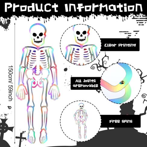 Hiboom 2 Pcs Large Halloween Jointed Skeletons 59 Inch Skeleton Cardboard Decoration Hanging Halloween Decorations Cutout Vintage Skull Holographic Paper Decor for Wall Window Door Hanging Decor in Saudi Arabia