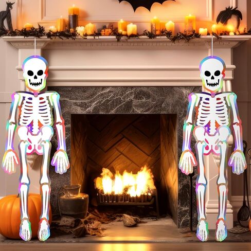 Hiboom 2 Pcs Large Halloween Jointed Skeletons 59 Inch Skeleton Cardboard Decoration Hanging Halloween Decorations Cutout Vintage Skull Holographic Paper Decor for Wall Window Door Hanging Decor in Saudi Arabia