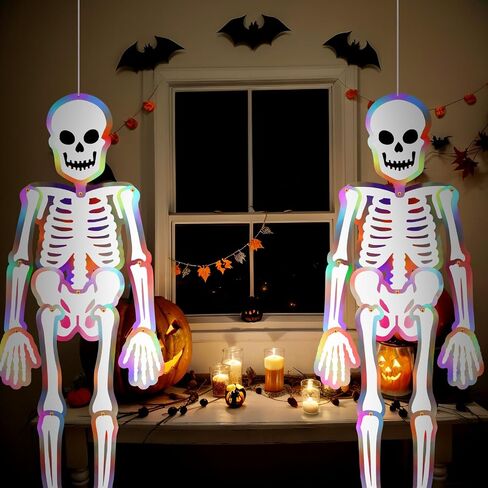 Hiboom 2 Pcs Large Halloween Jointed Skeletons 59 Inch Skeleton Cardboard Decoration Hanging Halloween Decorations Cutout Vintage Skull Holographic Paper Decor for Wall Window Door Hanging Decor in Saudi Arabia