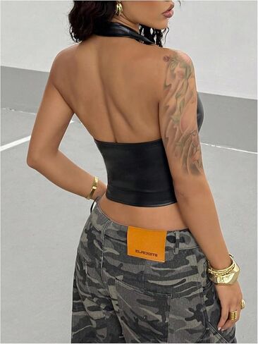 Milumia Women's Goth PU Leather Halter Tops Backless Fitted Night Out Rave Crop Top in Saudi Arabia