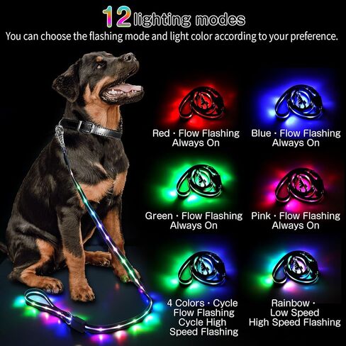 Light Up Dog Leash: 12 Lighting Modes LED Dog Leash Rechargeable - 5 Ft Lighted Dog Leash for Night Walking Safety Glow in The Dark, Silicone Dog Leash for Small Medium Large Dogs Walking at Night in Saudi Arabia