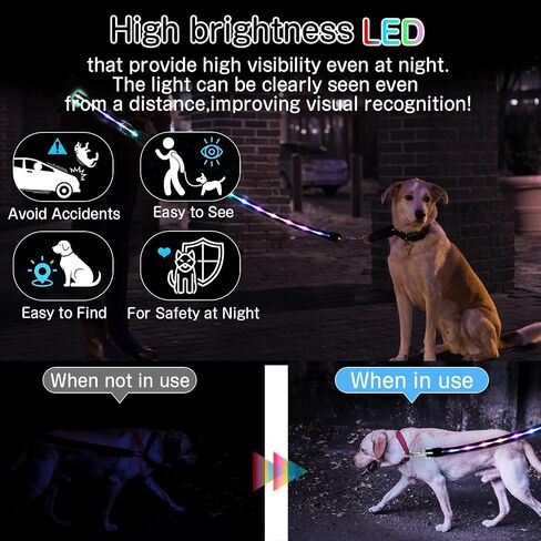 Light Up Dog Leash: 12 Lighting Modes LED Dog Leash Rechargeable - 5 Ft Lighted Dog Leash for Night Walking Safety Glow in The Dark, Silicone Dog Leash for Small Medium Large Dogs Walking at Night in Saudi Arabia