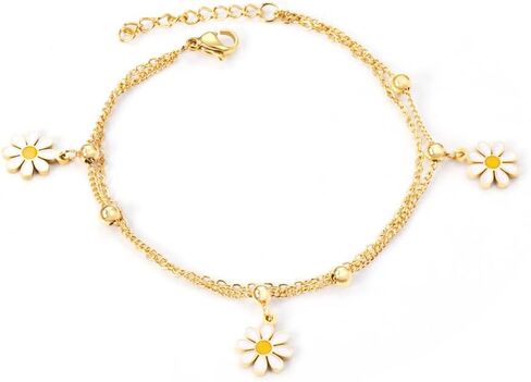 Dainty Daisy Charm Pendant Double Layer Chain Bracelet for Women Stainless Steel Gold Plated Flower Stacking Link Bracelet Adjustable Chain Fashion Jewelry for Her Daughter in Saudi Arabia